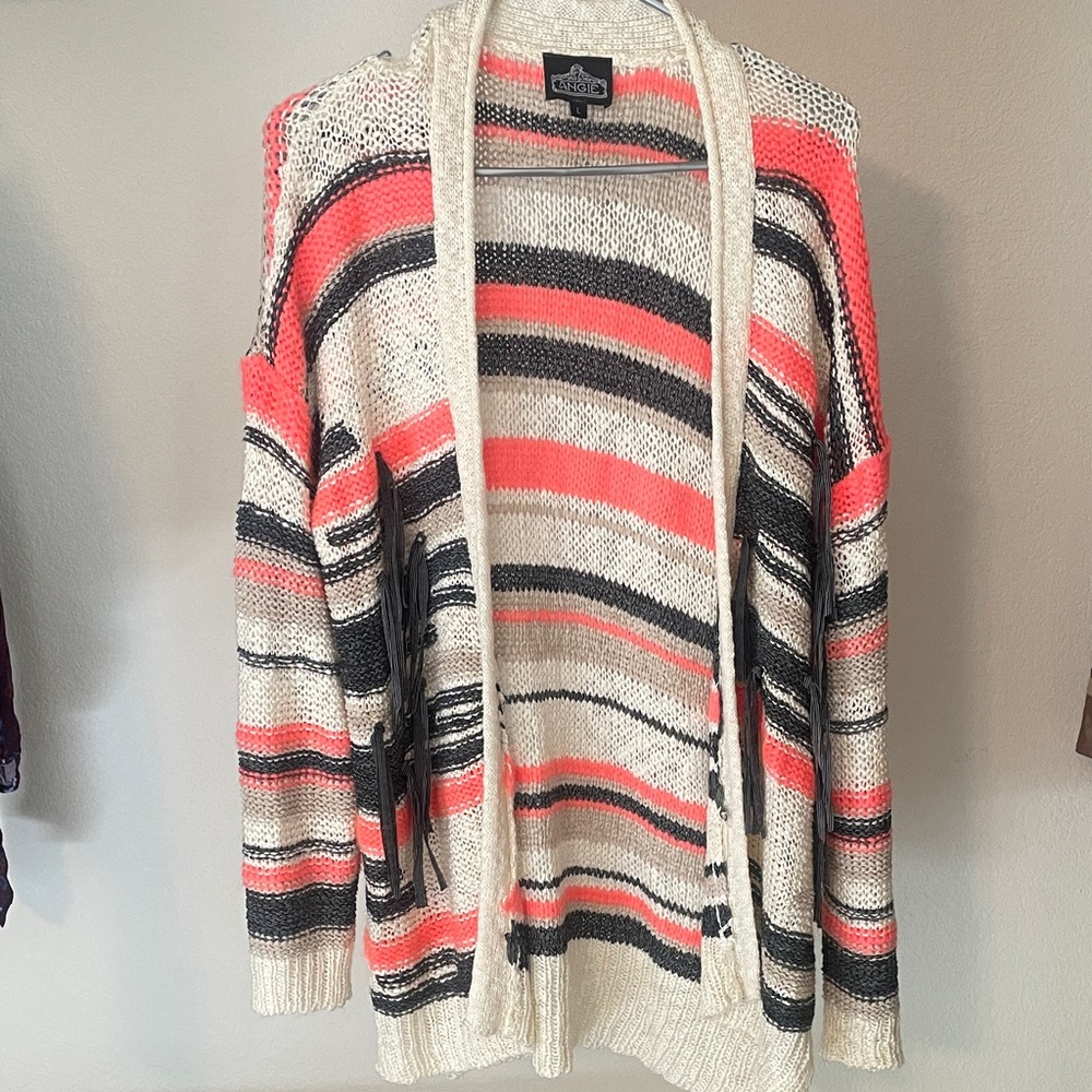 Catherine Malandrino Striped Knit Cardigan in Coral and Cream